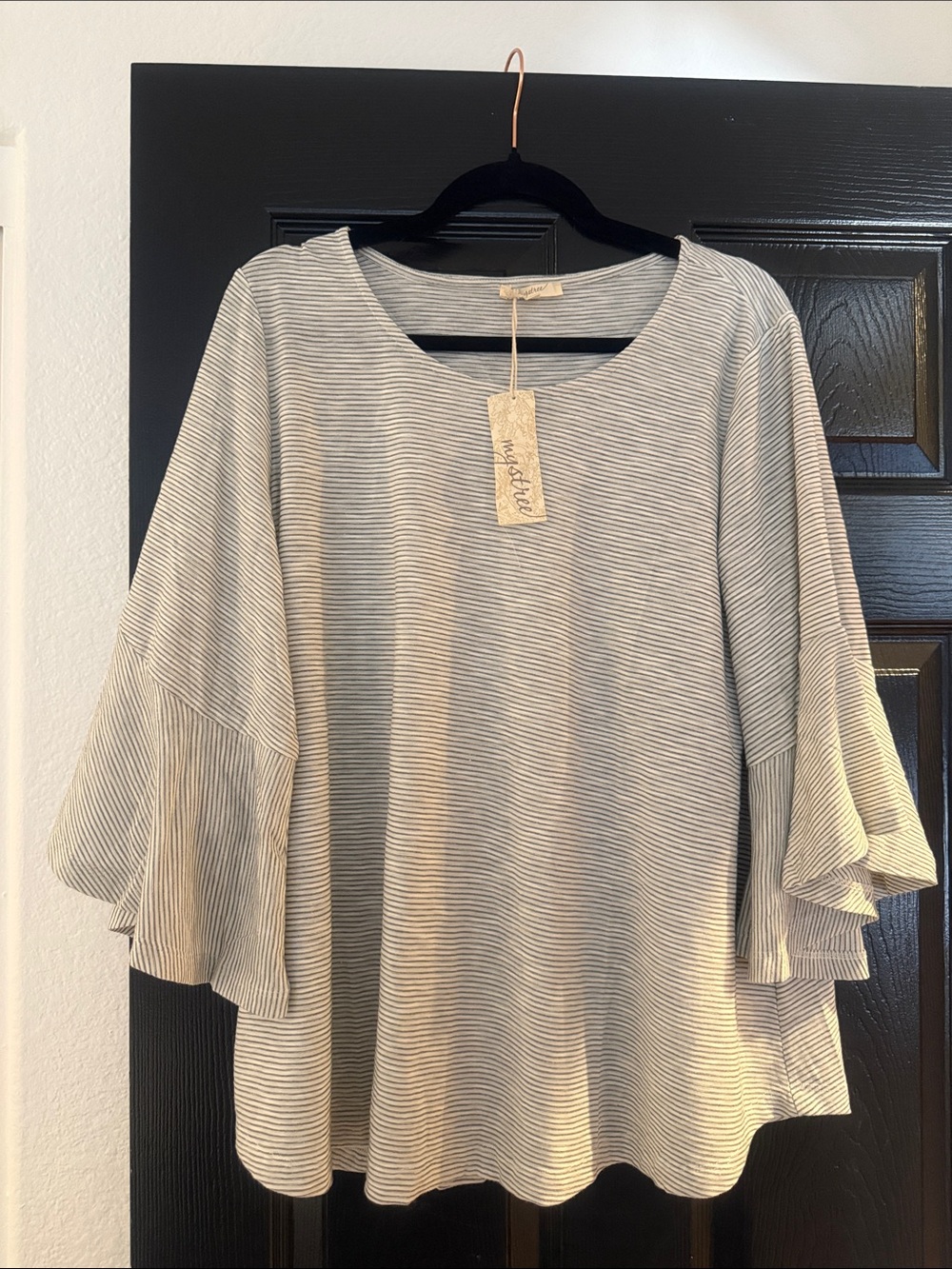 Mystree Cream and Black Striped Ruffle Sleeve Blouse